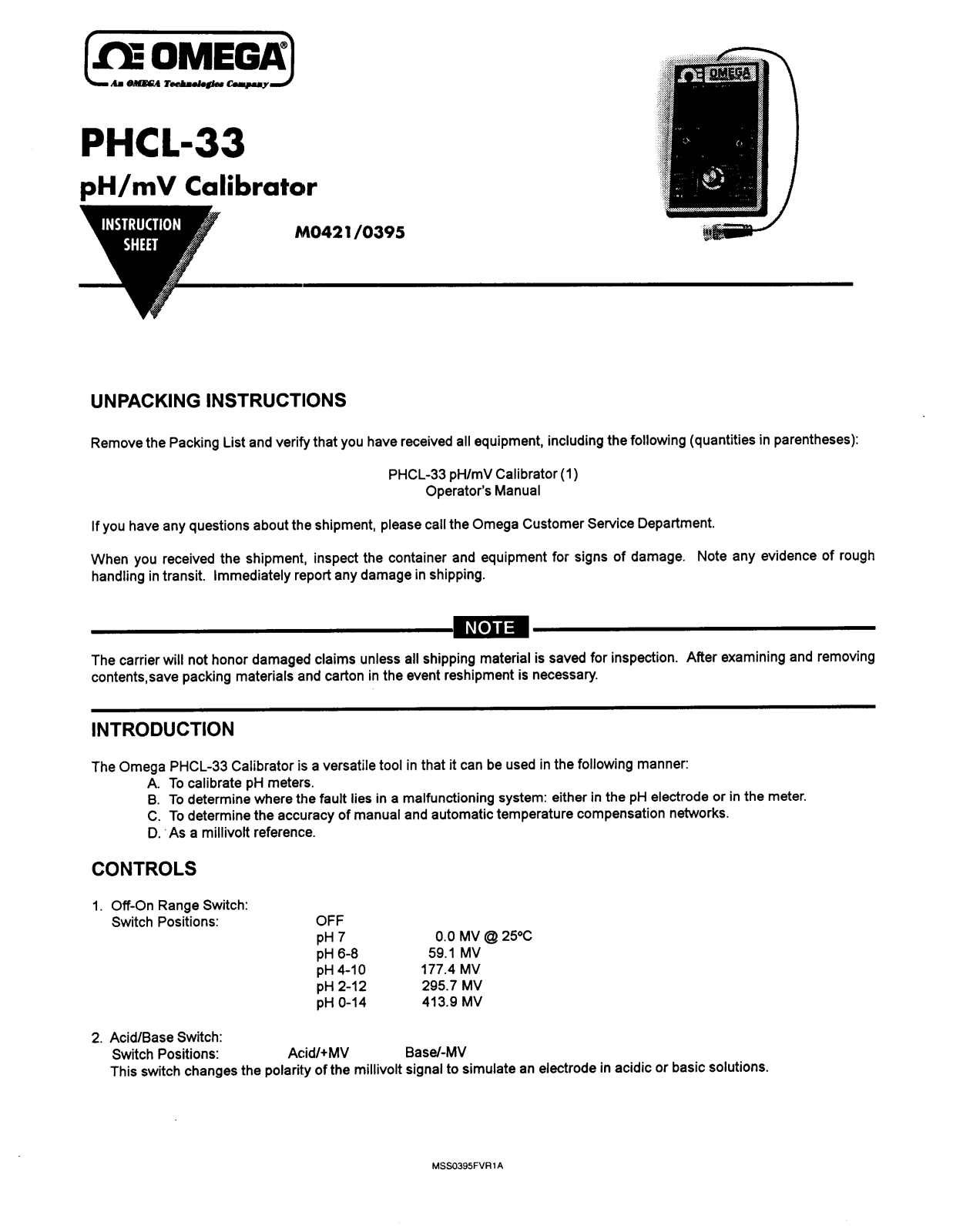 Omega Products PHCL-33 Installation  Manual