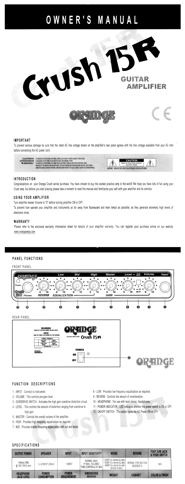 Orange Crush 15R Owner's Manual