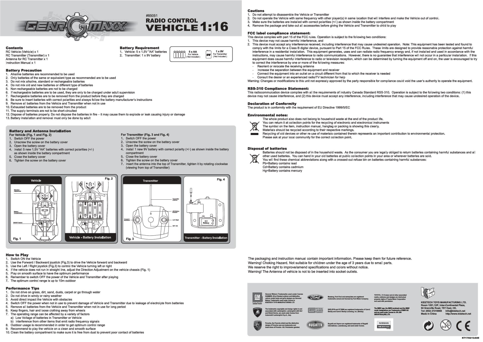 KIDZTECH TOYS 85021TX 49MHZ, 85021TX 27MHZ, 85021RX 49MHZ User Manual