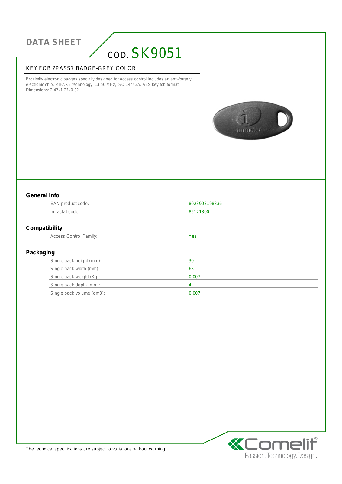 Comelit SK9051 Specsheet