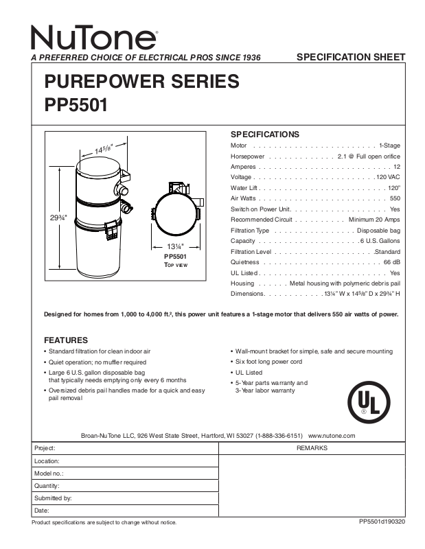 Nutone Pp Specification Sheet