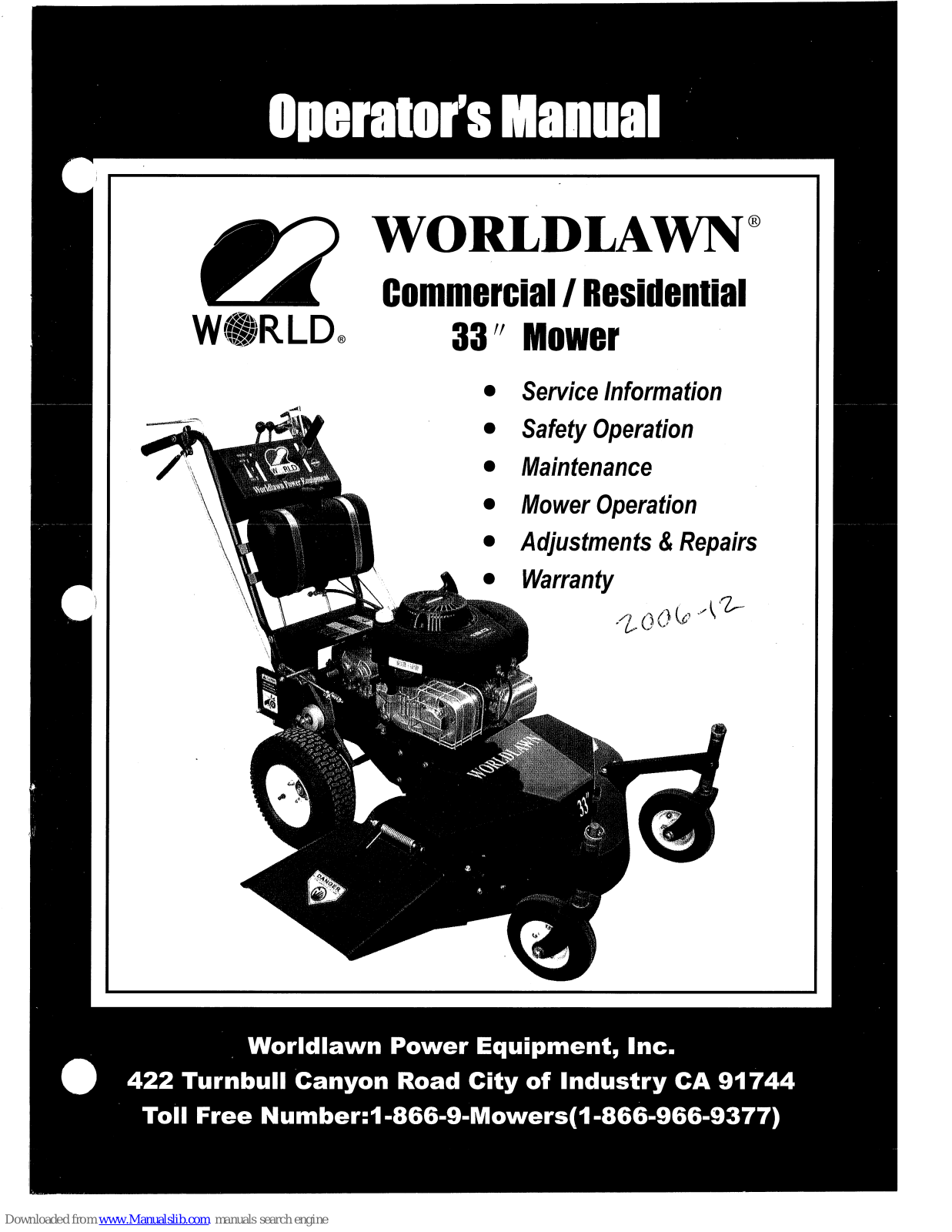 Worldlawn WY33 Operator's Manual