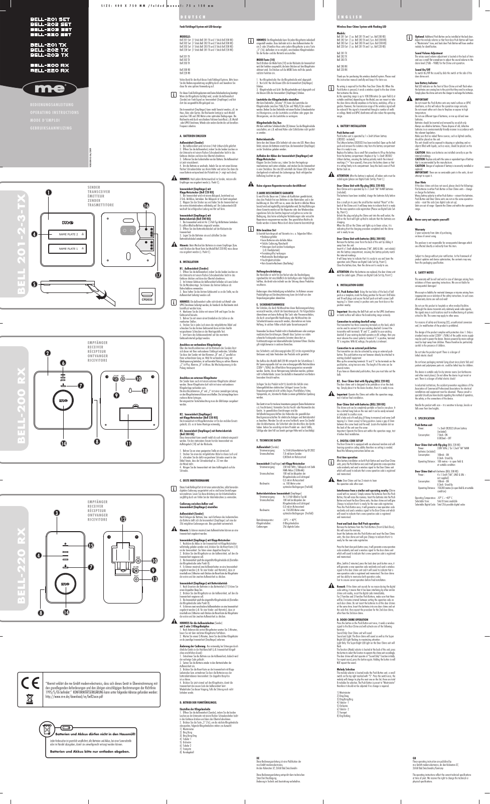 m-e modern-electronics Bell-201 Set, Bell-202 Set, Bell-203 Set, Bell-220 Set, Bell-201 TX Operating Instructions