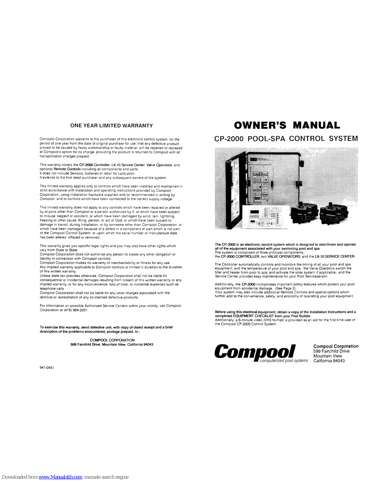 Compool Pool-Spa Control System CP-2000, CP-2000 Owner's Manual - ManualMachine.com