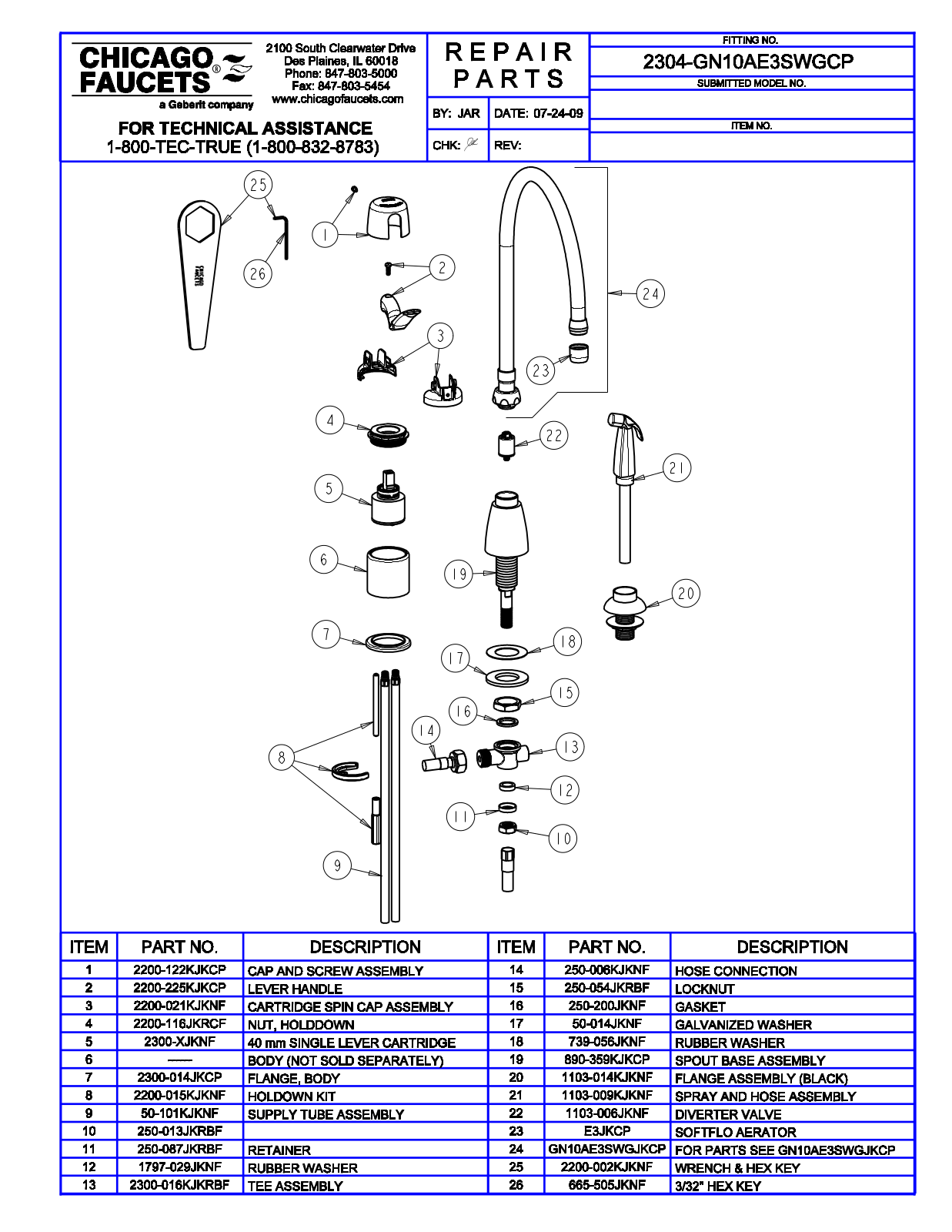 Chicago Faucet 2304-GN10AE3SWGCP Parts List