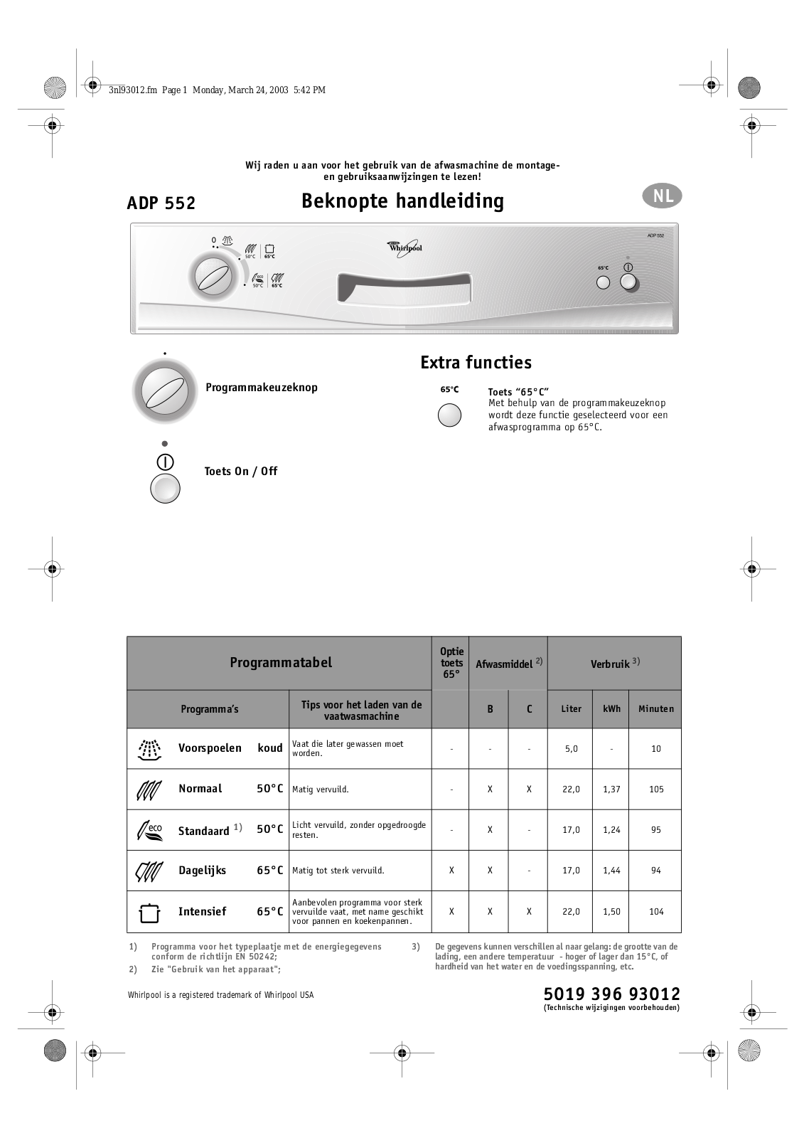 Whirlpool ADP 552 WH INSTRUCTION FOR USE