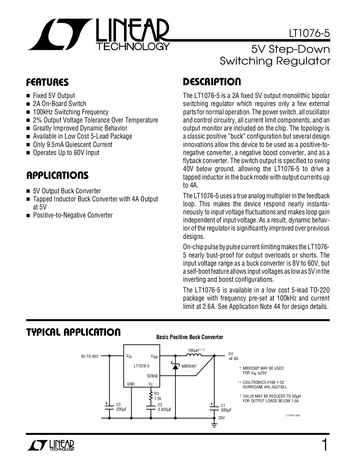 Linear Technology LT1076CT-5, LT1076CR-5, LT1076-5, LT1076IT-5, LT1076HVIT-5 Datasheet