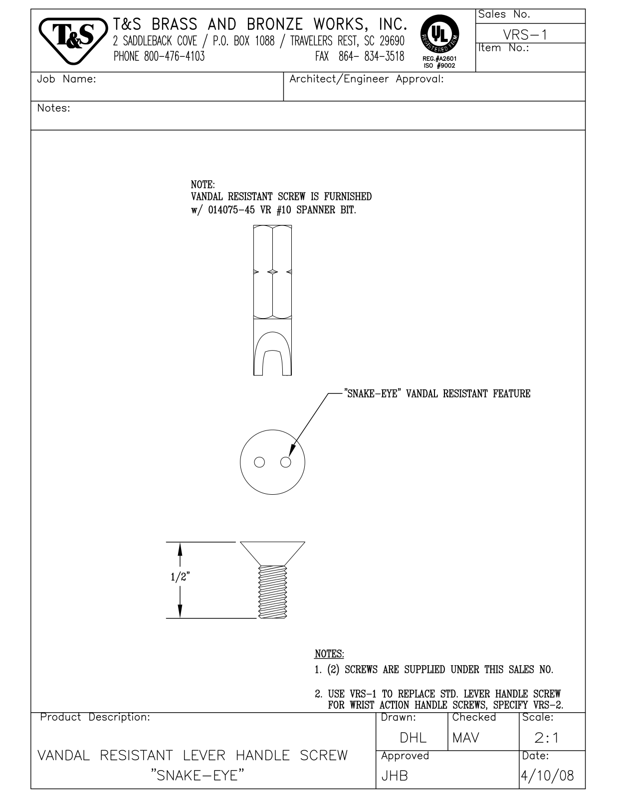 T&S Brass VRS-1 User Manual