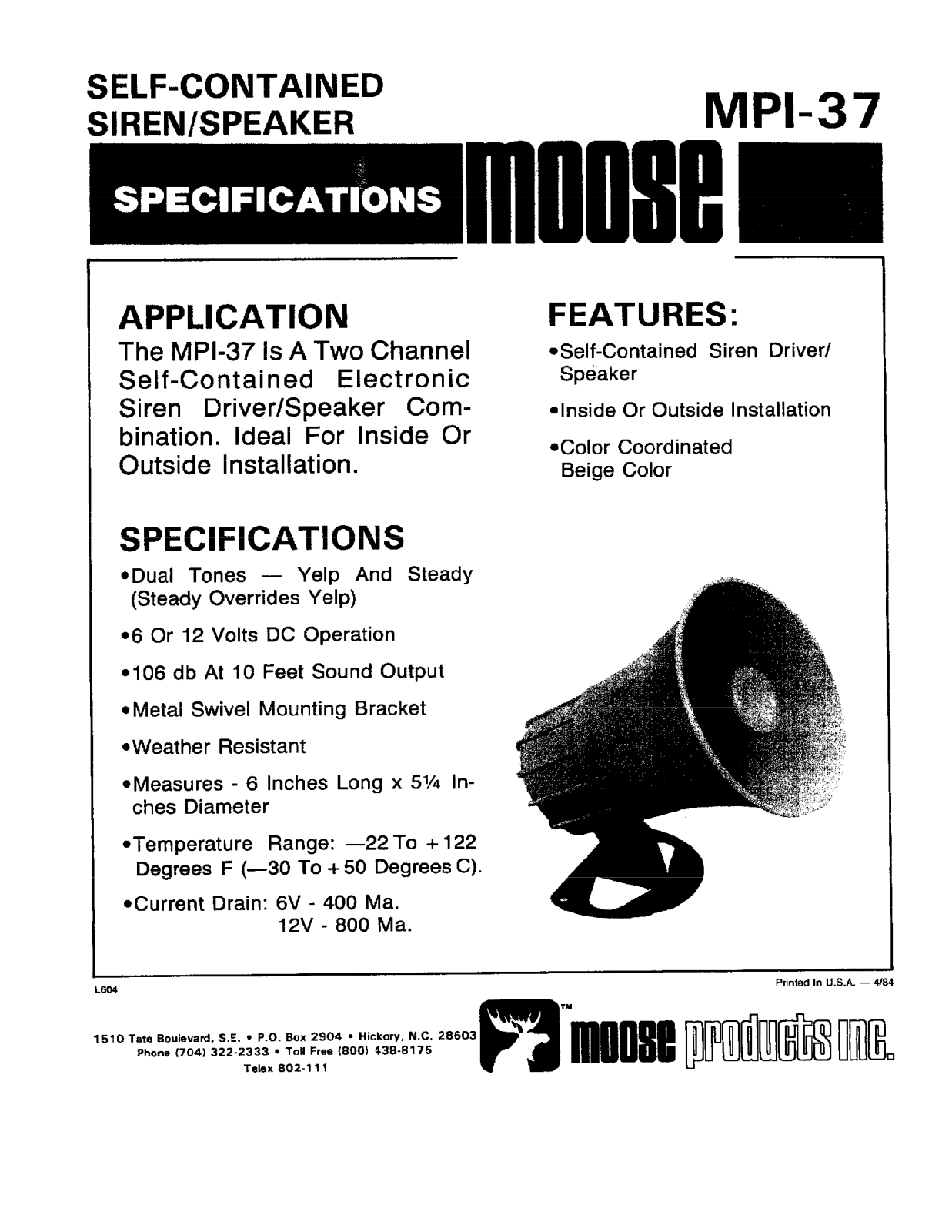 Interlogix MPI-37 Specsheet