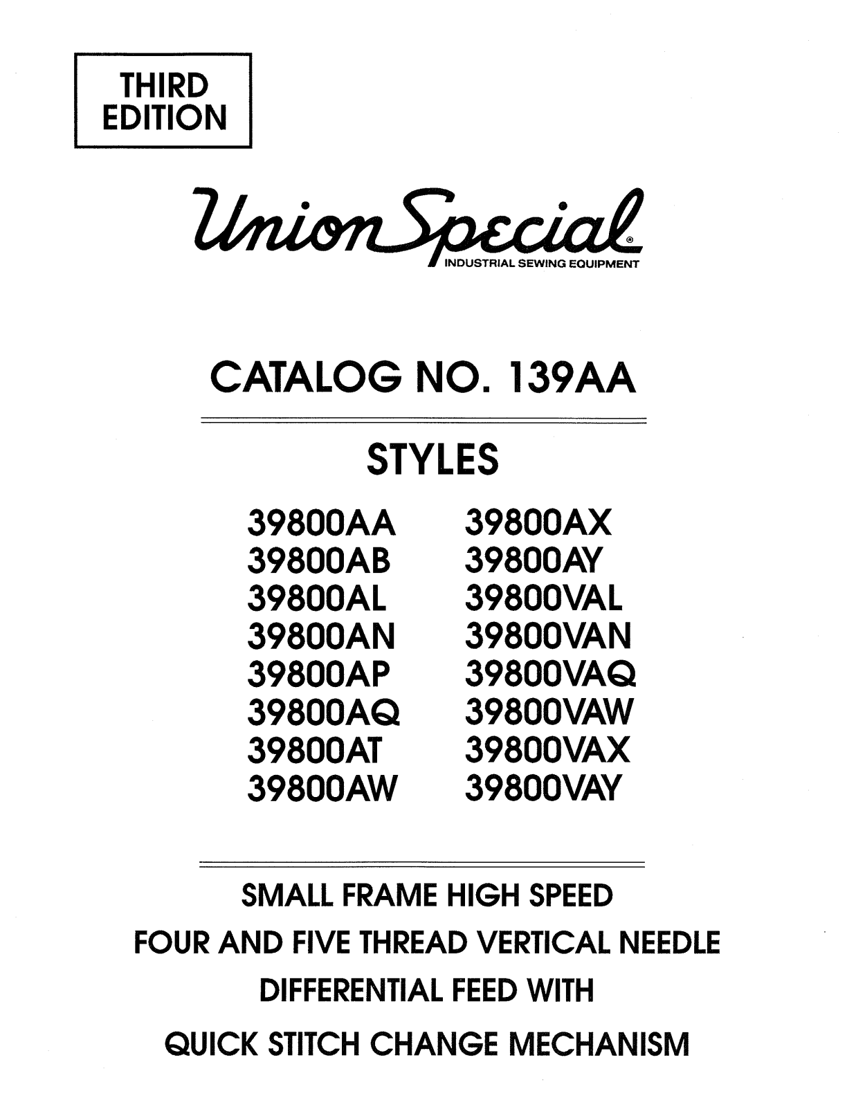 Union Special 39800AA, 39800AB, 39800AL, 39800AN, 39800AP Parts List