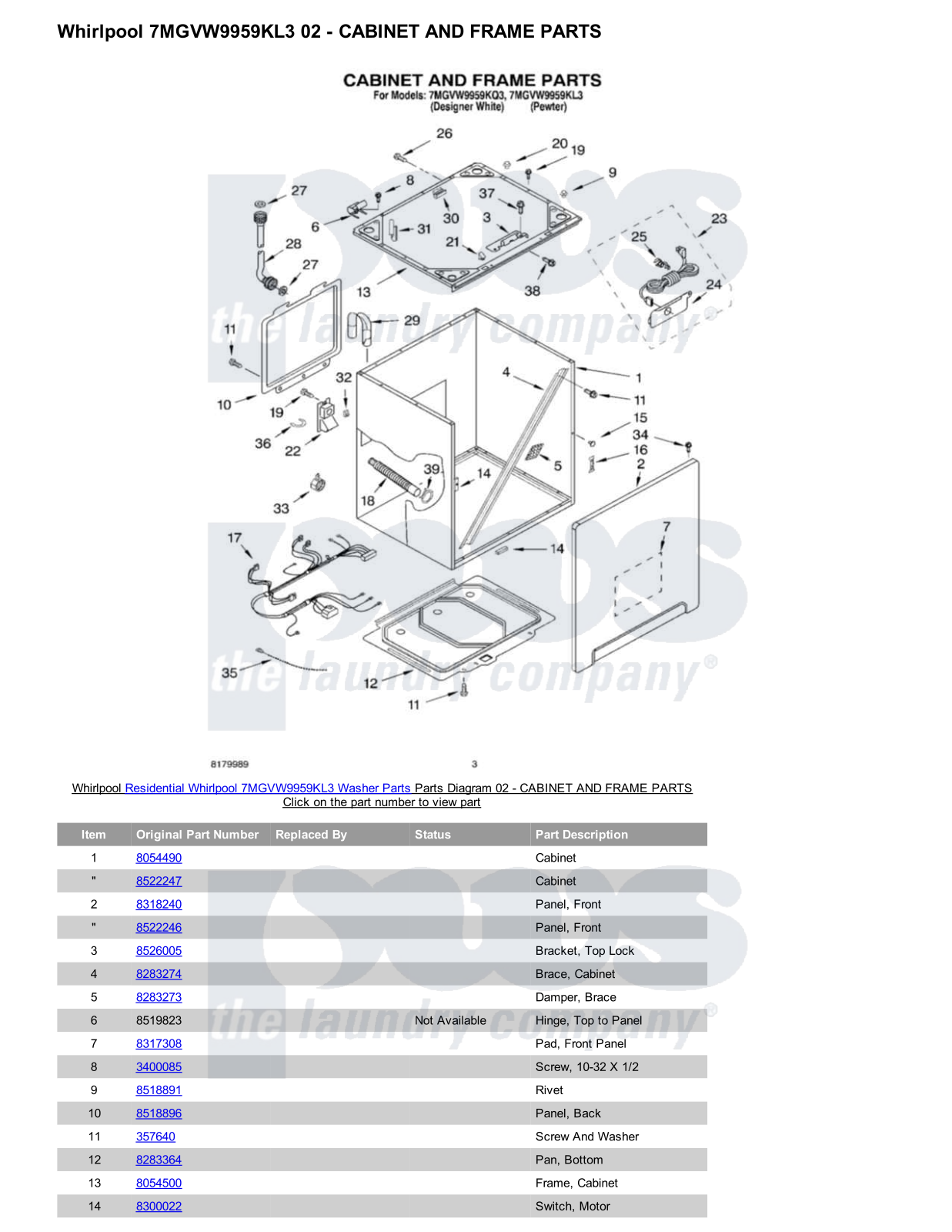 Whirlpool 7MGVW9959KL3 Parts Diagram