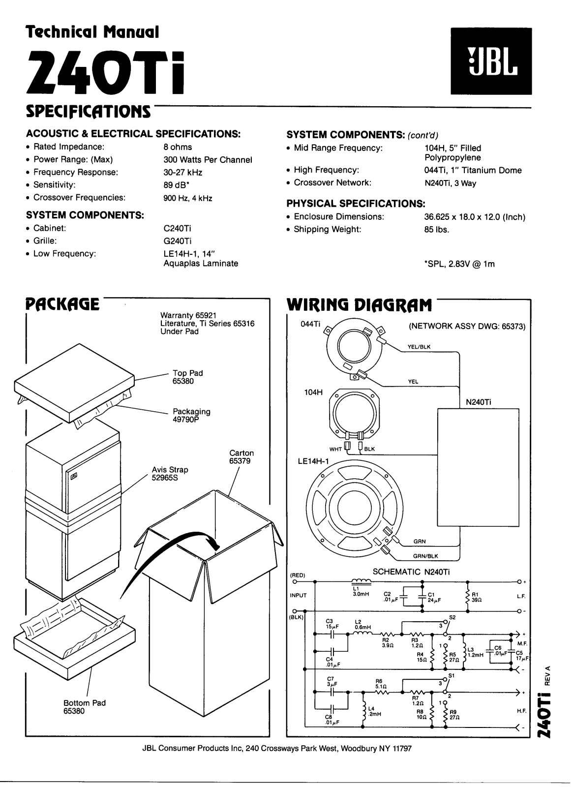 JBL 240T, TS Service Manual