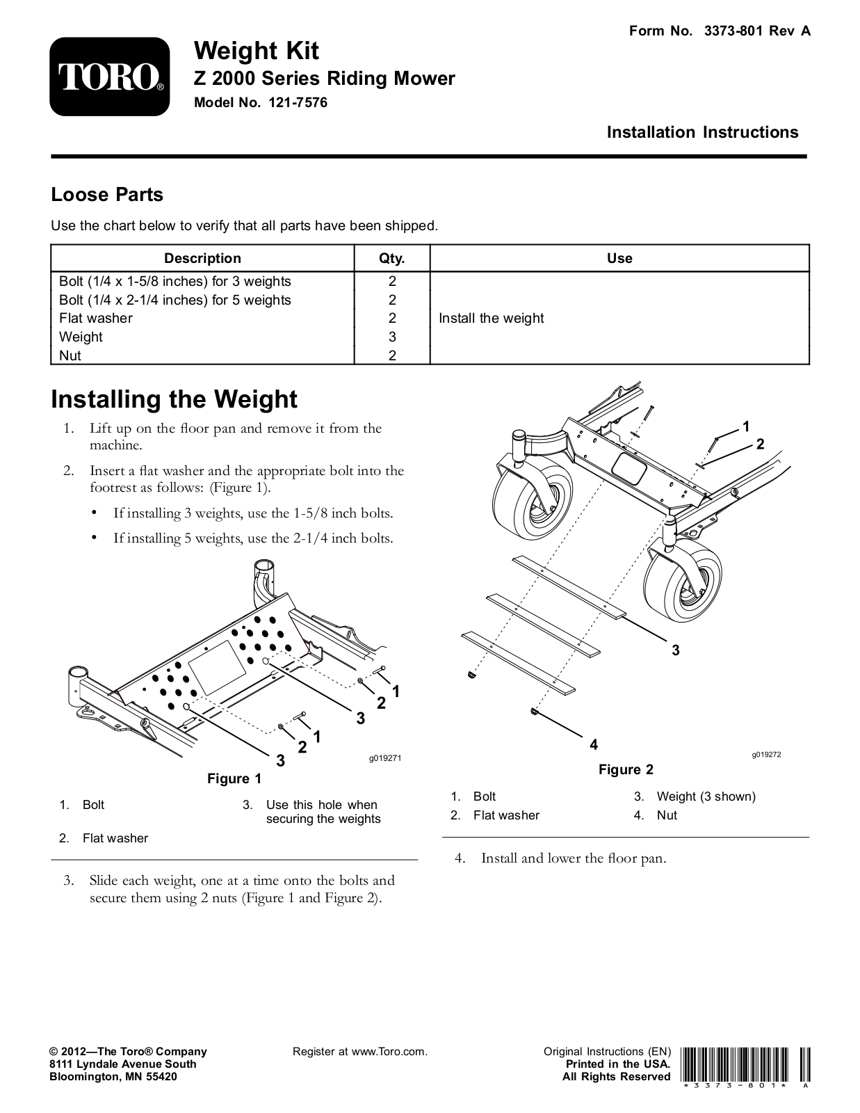 Toro 121-7576 Installation Instructions