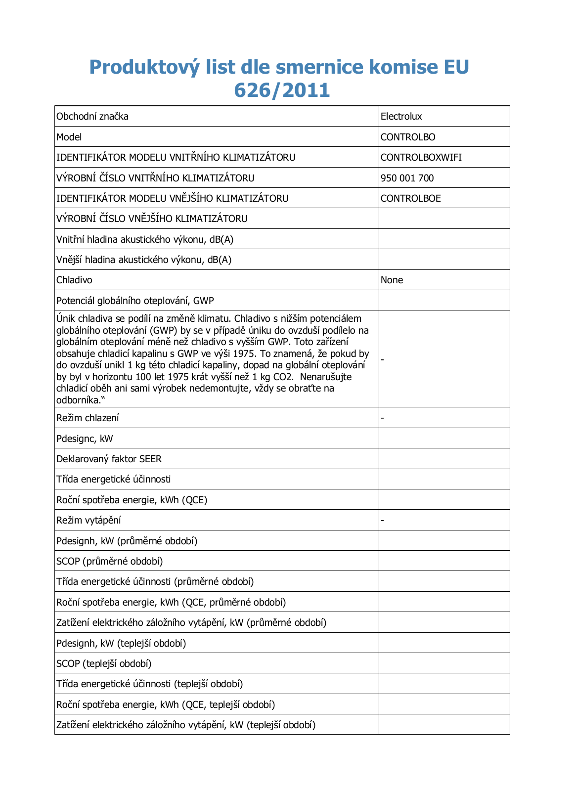 Electrolux CONTROLBO Information sheet