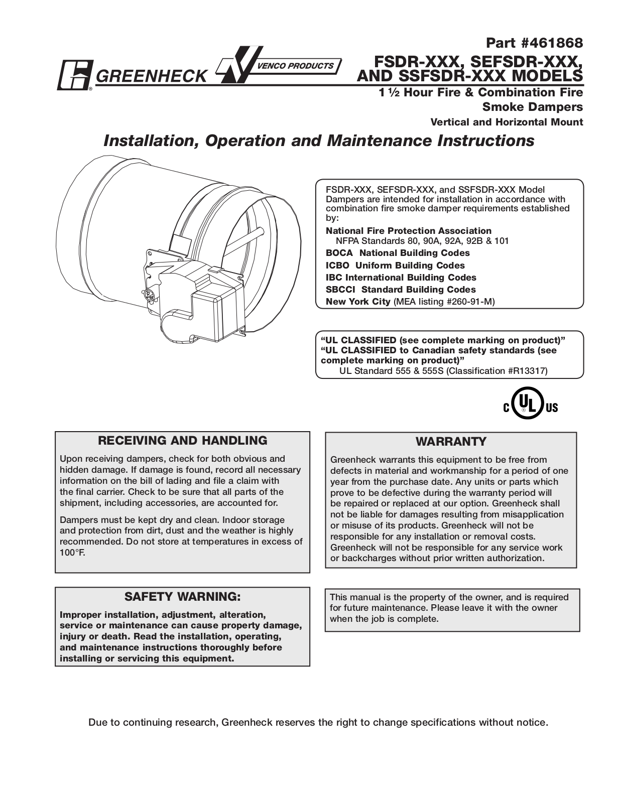 Greenheck Fan SEFSDR-XXX, SSFSDR-XXX, FSDR-XXX User Manual