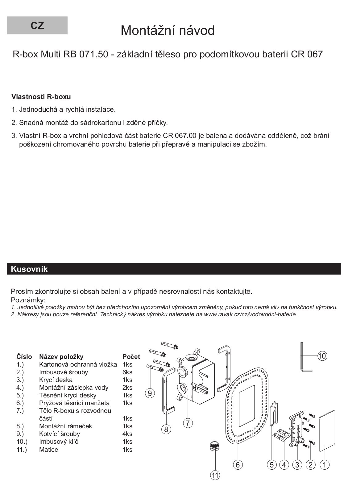 Ravak RB 071.50 INSTALLATION INSTRUCTIONS