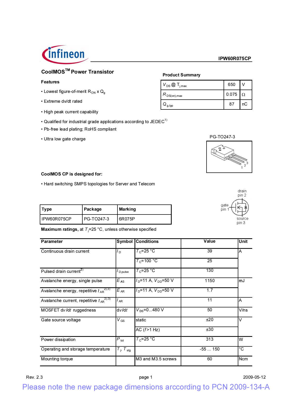 Datasheet ipw60r075cp_rev23_pcn Datasheet - ManualMachine.com