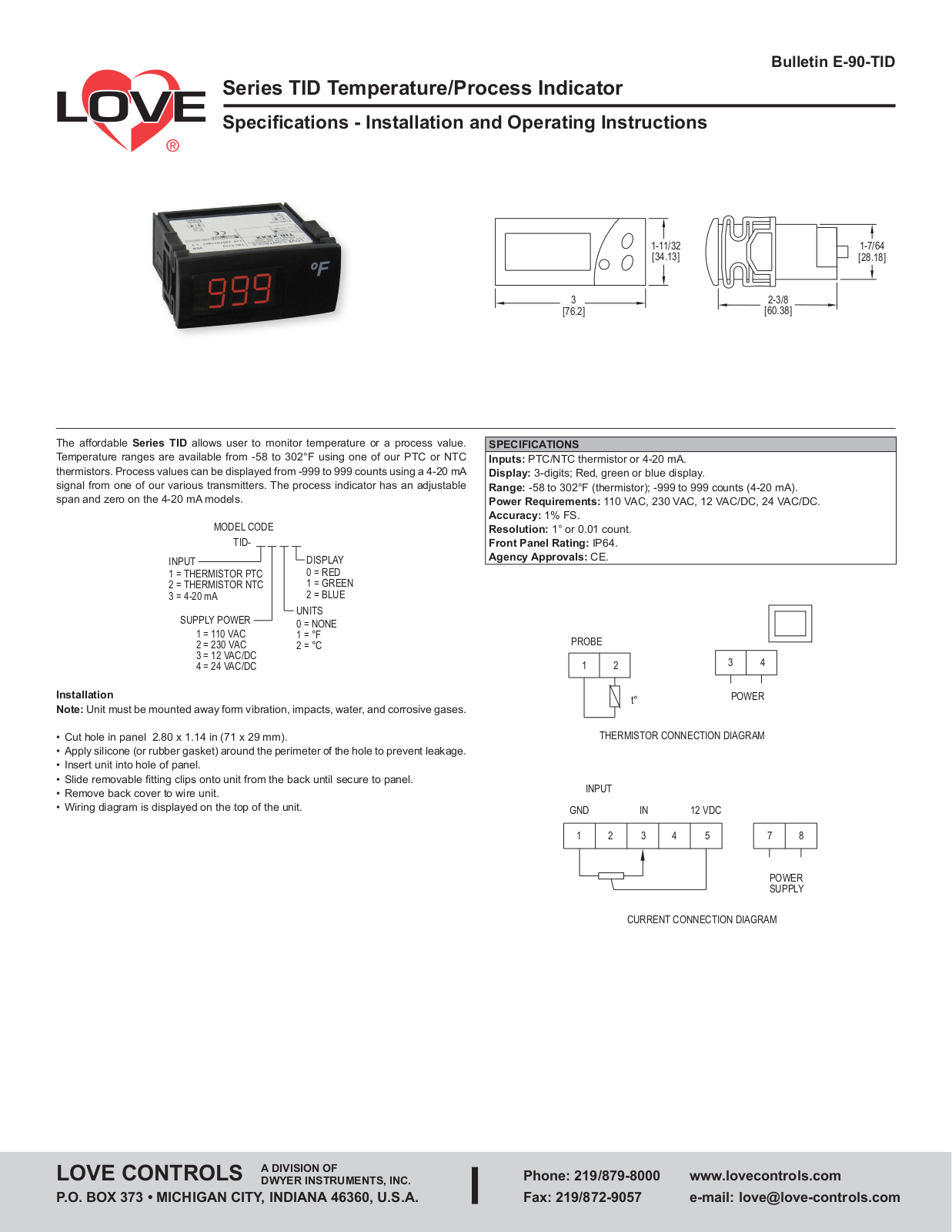 Love TID Series Specifications-installation And Operating Instructions