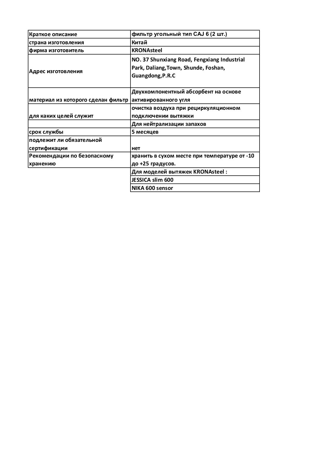 Krona CAJ 6 User Manual