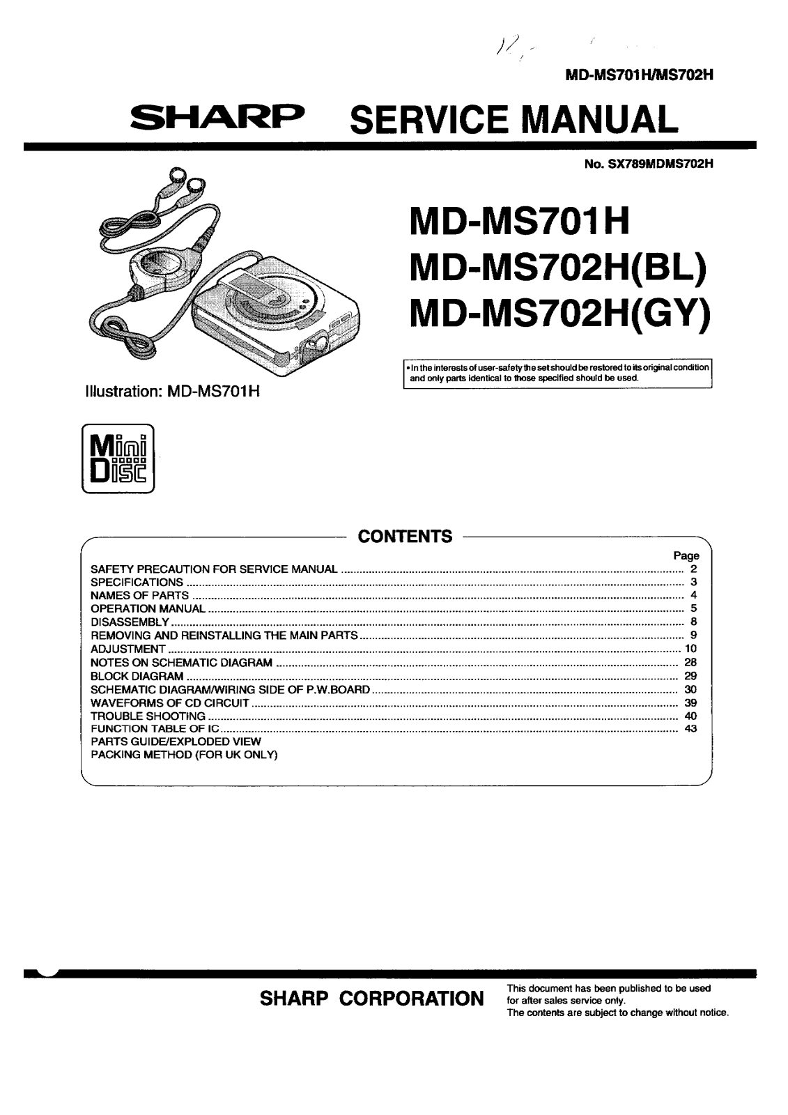 Sharp MD-MS702H, MD-MS701H Service Manual