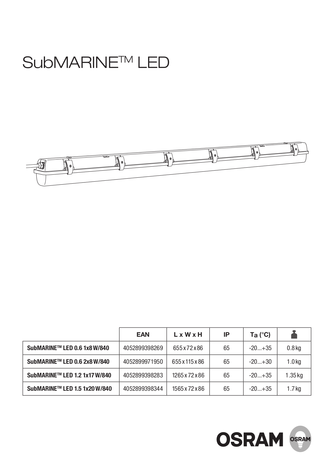 OSRAM SubMARINE LED 0.6 1x8 W/840, SubMARINE LED 0.6 2x8 W/840, SubMARINE LED 1.2 1x17 W/840, SubMARINE LED 1.5 1x20 W/840 User guide