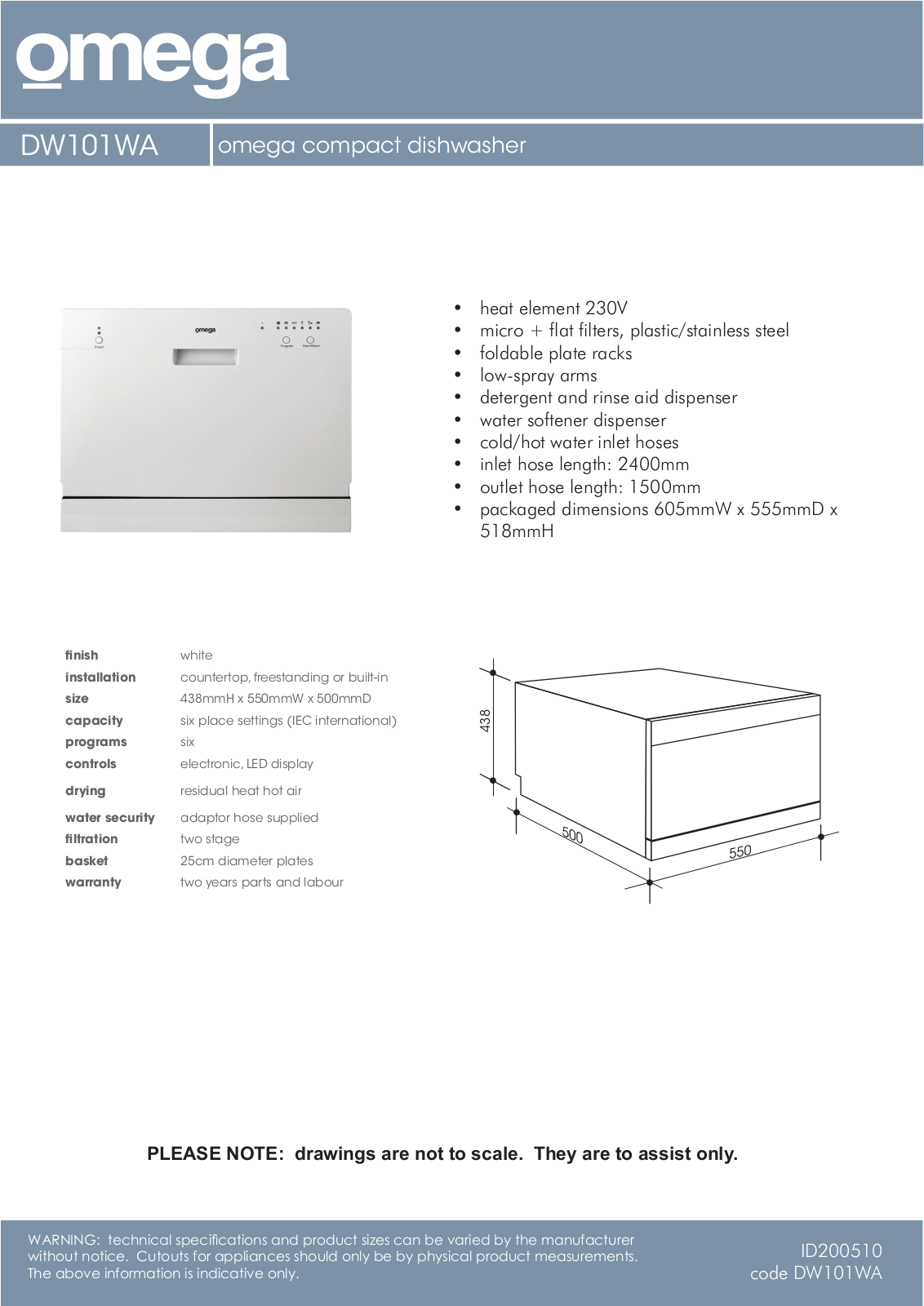 Omega Altise DW101WA Product Specification Sheet