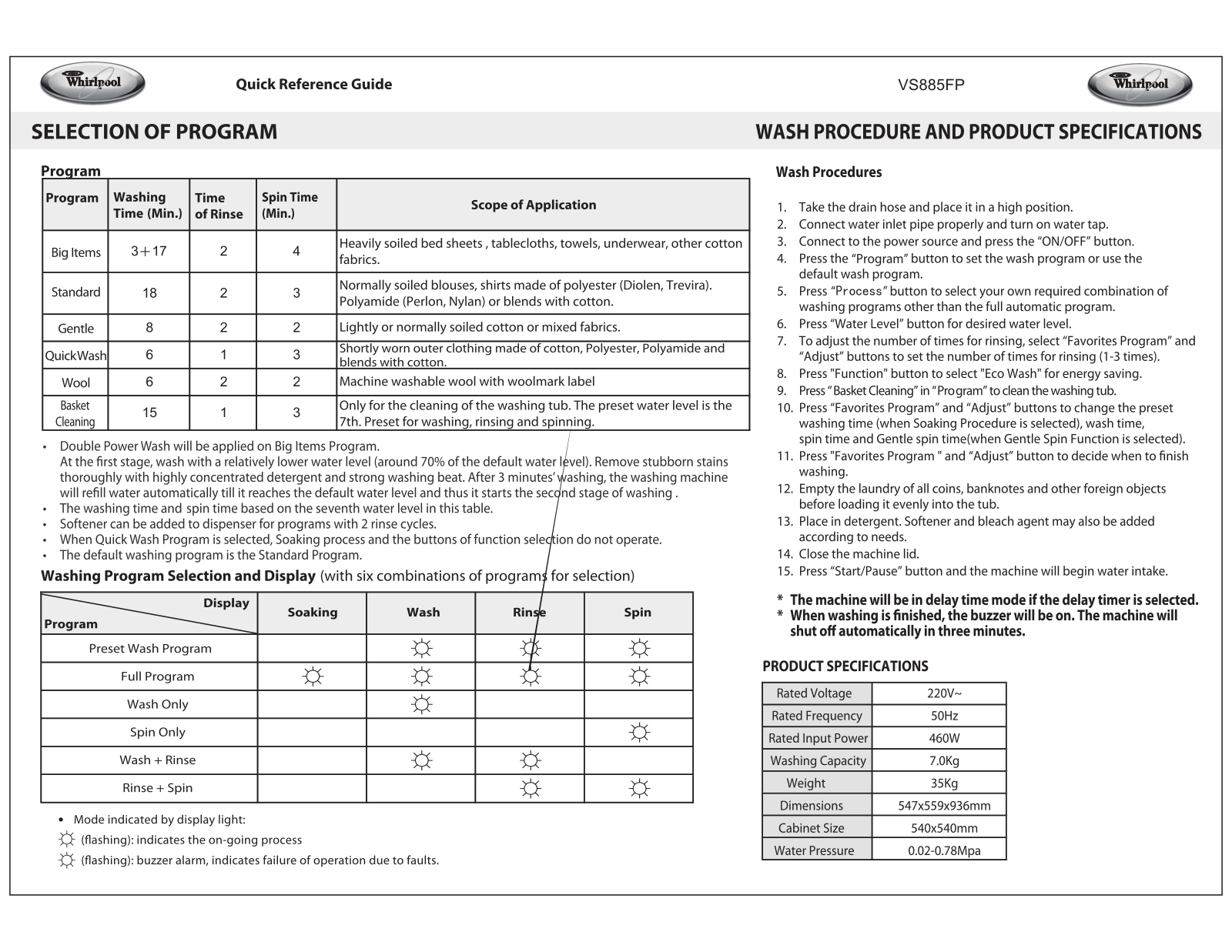 Whirlpool VS885FP User Manual