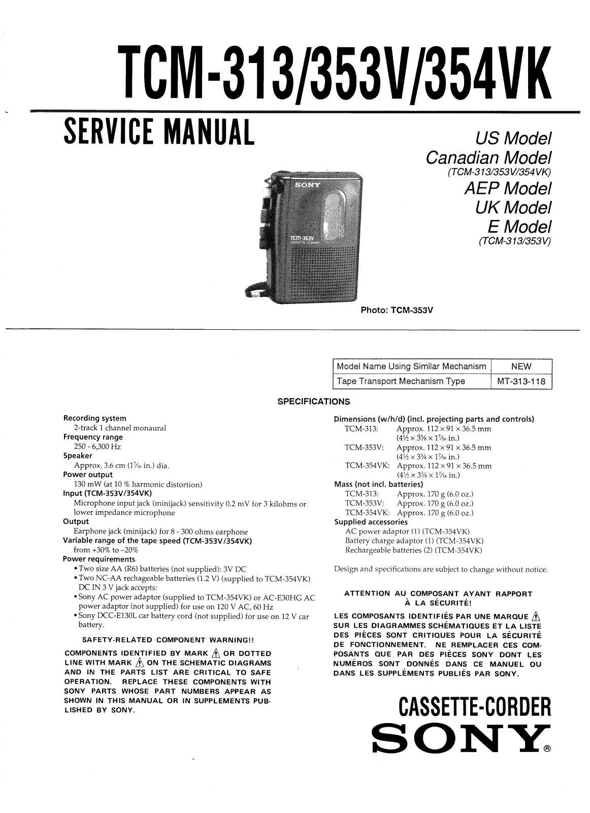 Sony TCM-354-VK Service manual