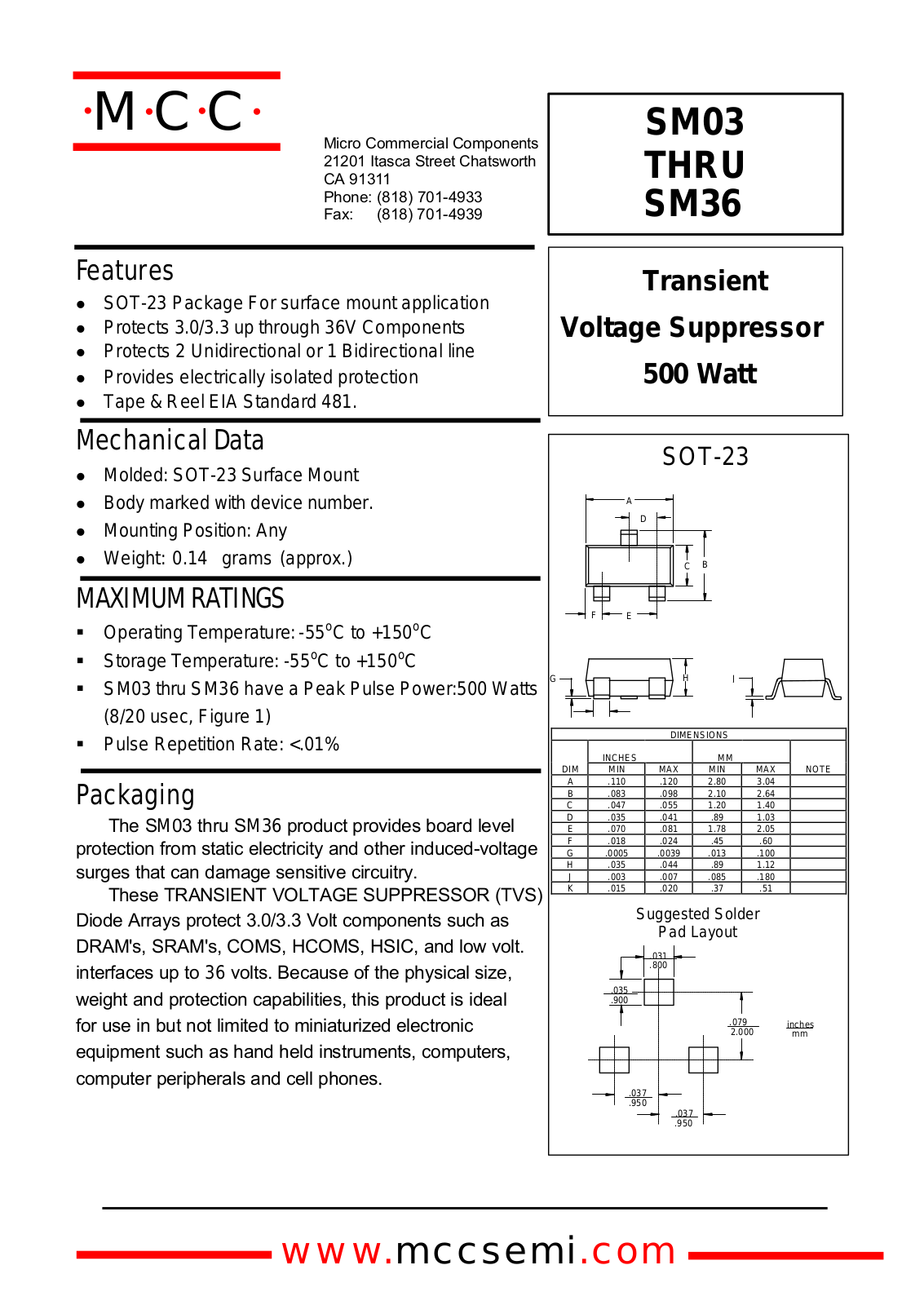 MCC SM03, SM05, SM12, SM15, SM24 Datasheet