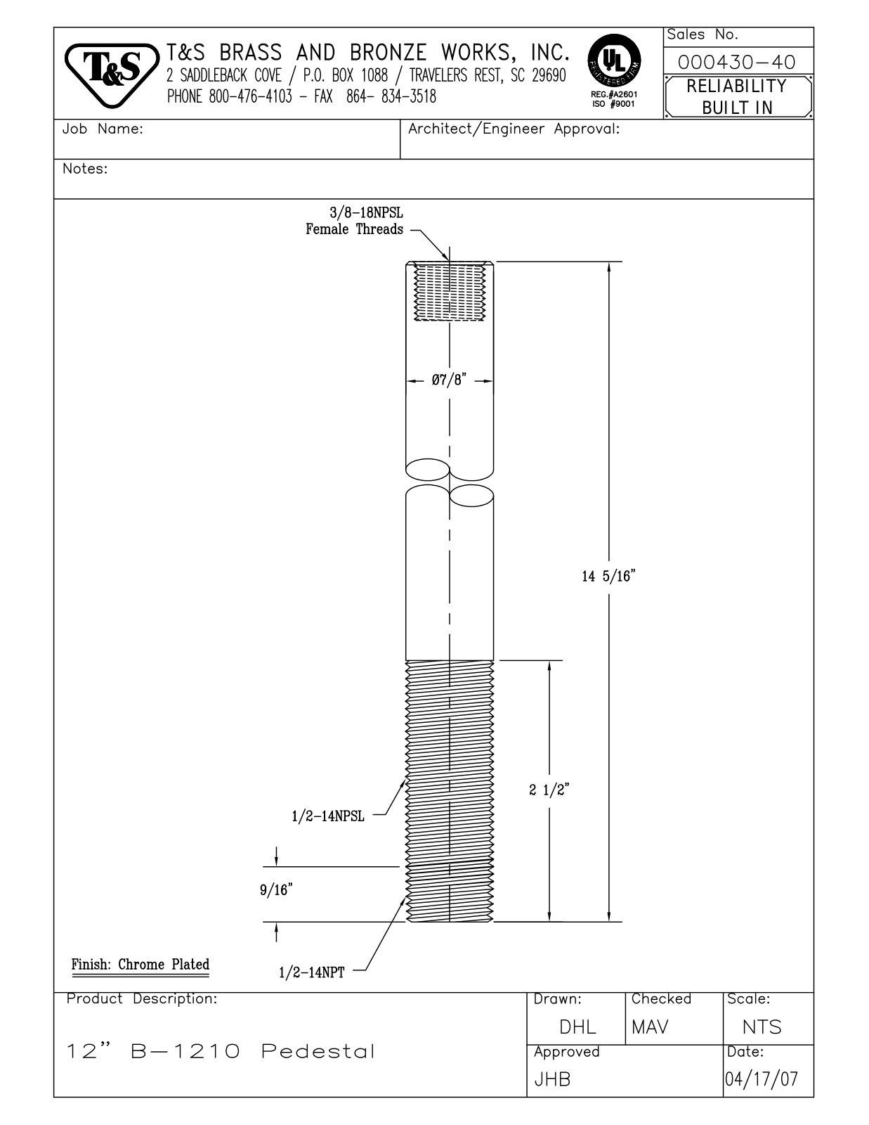 T&S Brass 000430-40 User Manual