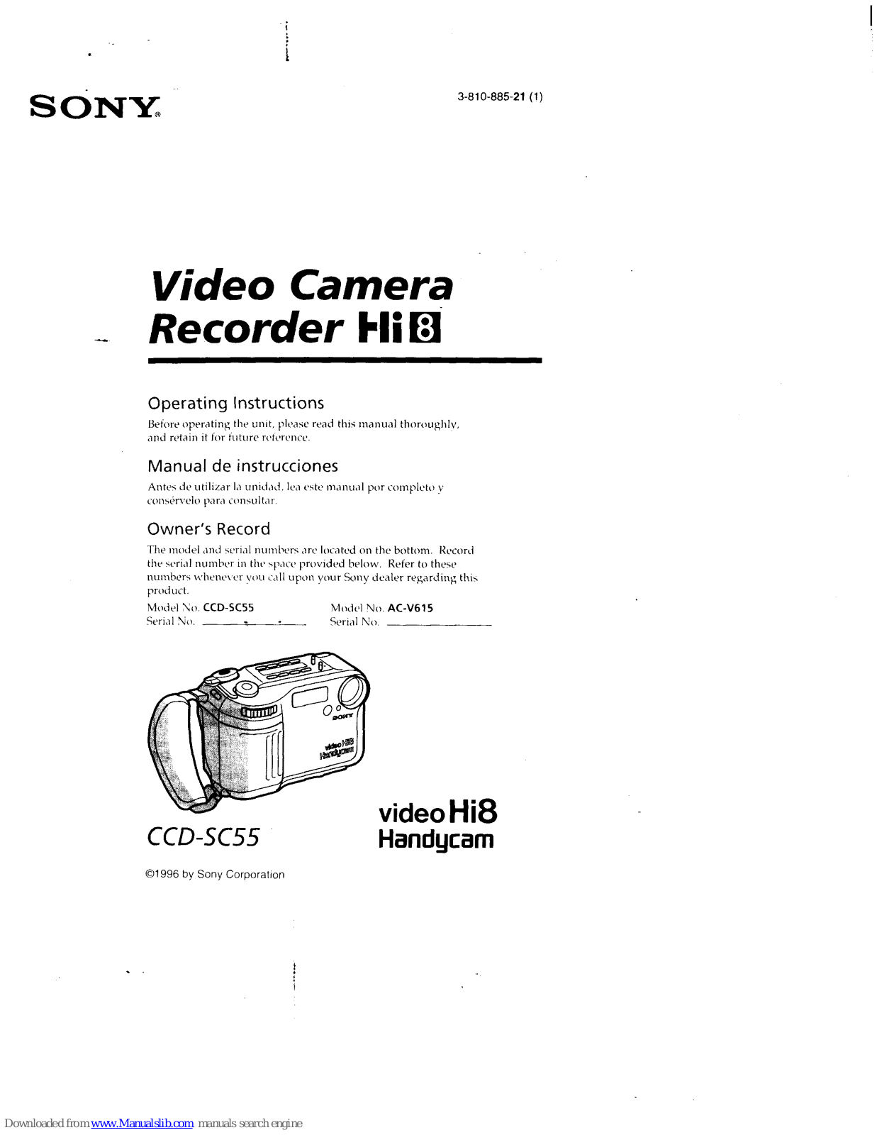 Sony CCD-SC55 - Currently Not Available, video Hi8 Handycam CCD-SC55 Operating Instructions Manual