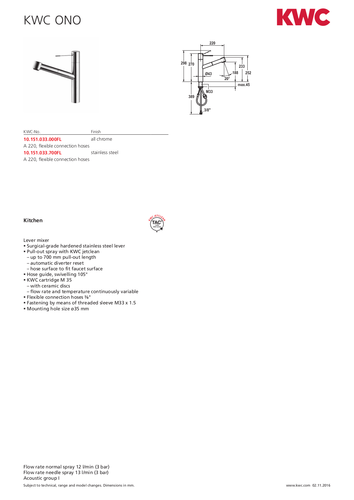 KWC 10151033000 Specifications Sheet