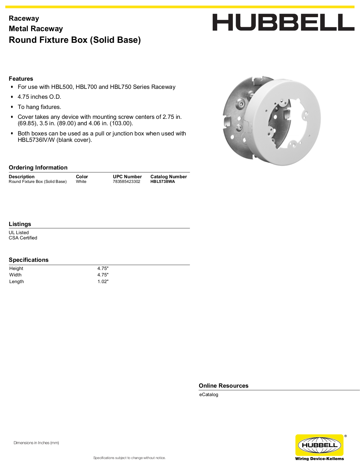 Hubbell HBL5738WA Specifications