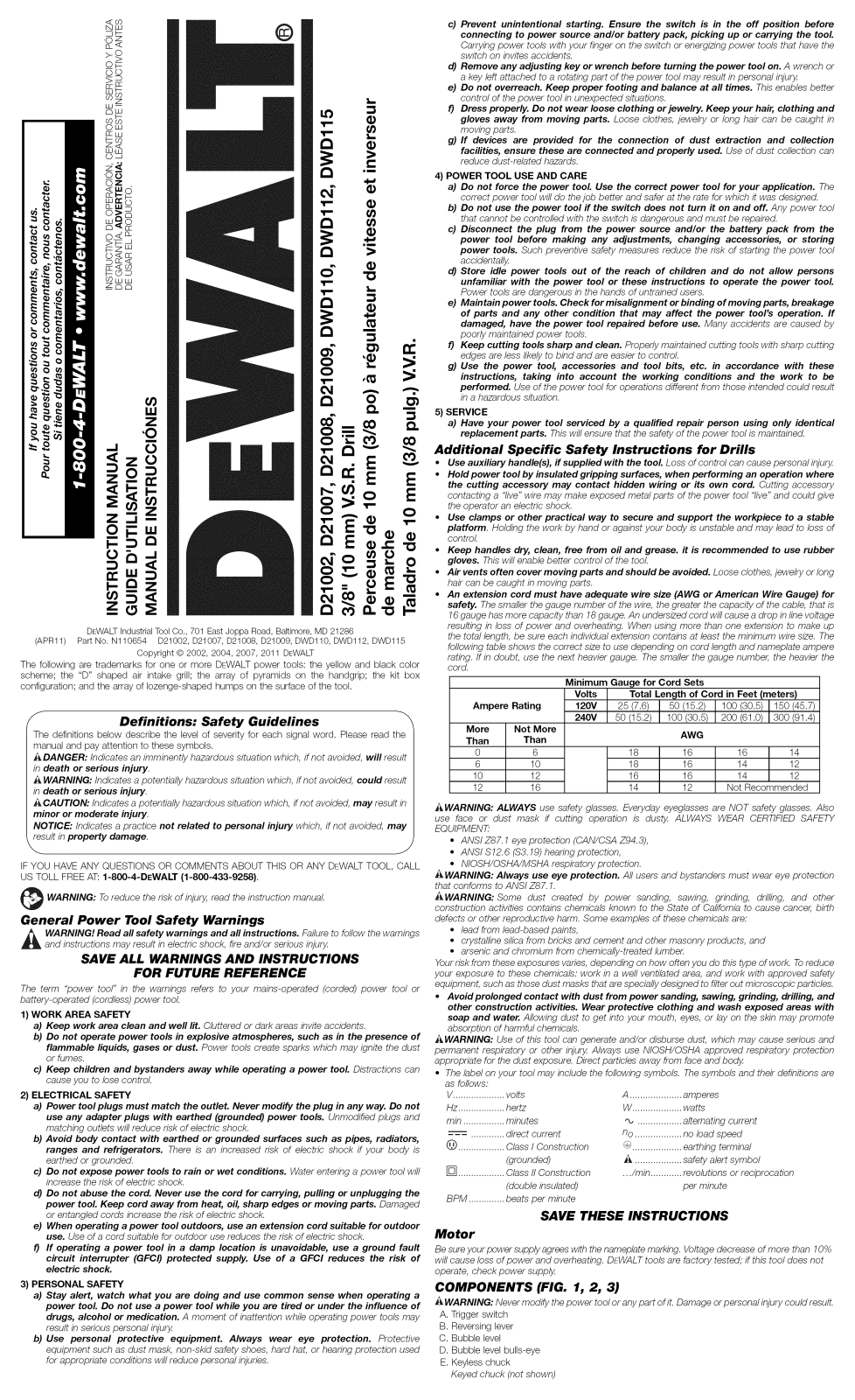 DeWalt DWD115K TYPE1, DWD110K TYPE1, D21007 TYPE 3 Owner’s Manual