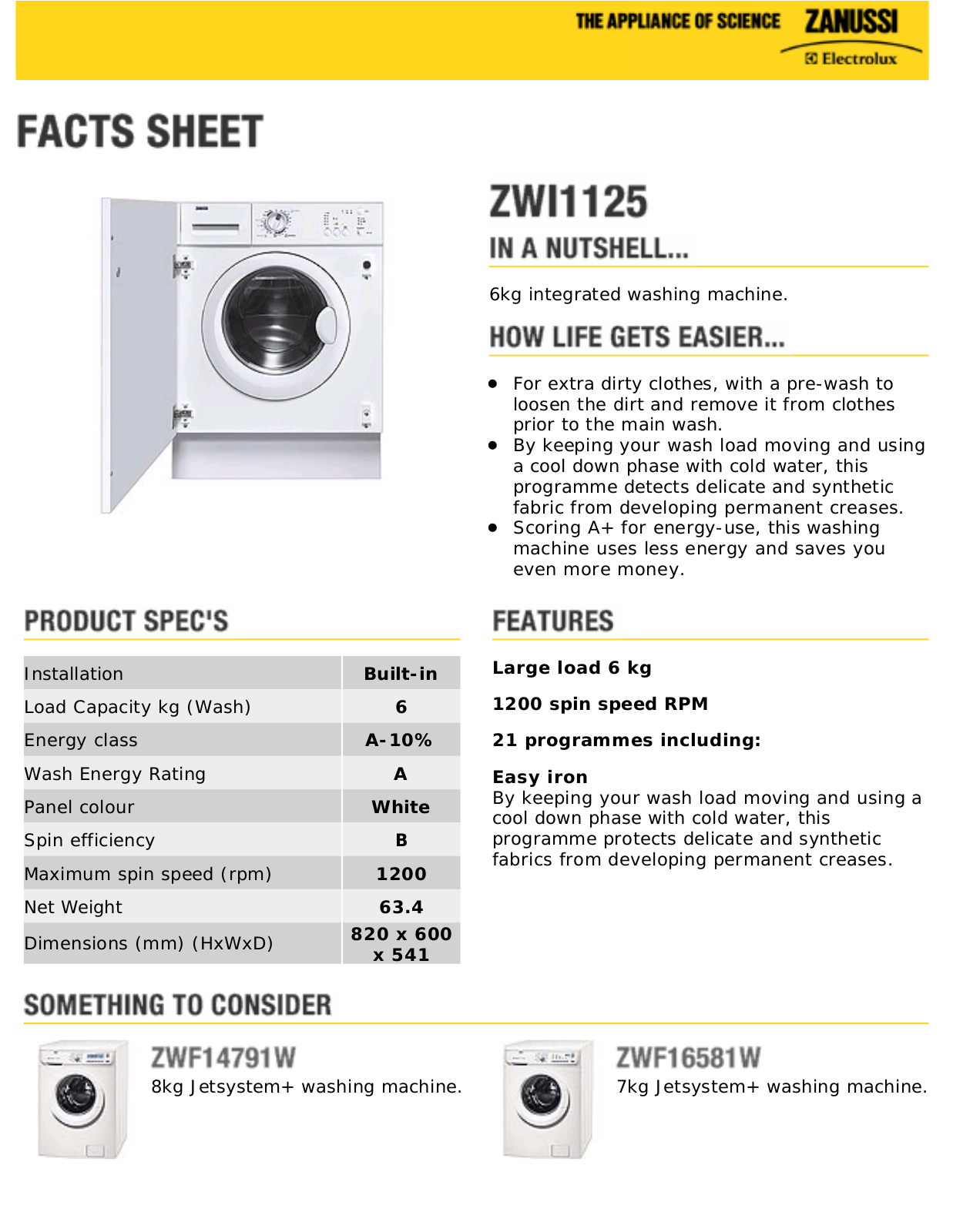 Zanussi ZWI1125 facts sheet