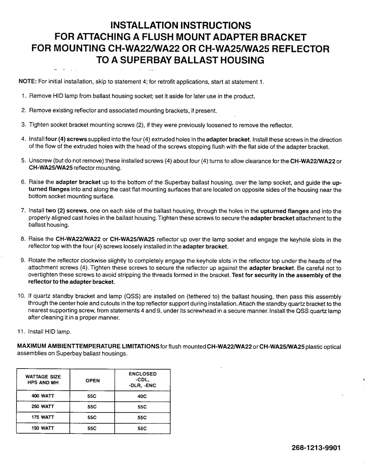 Hubbell lighting CH-WA22, CH-WA25 REFLECTOR User Manual