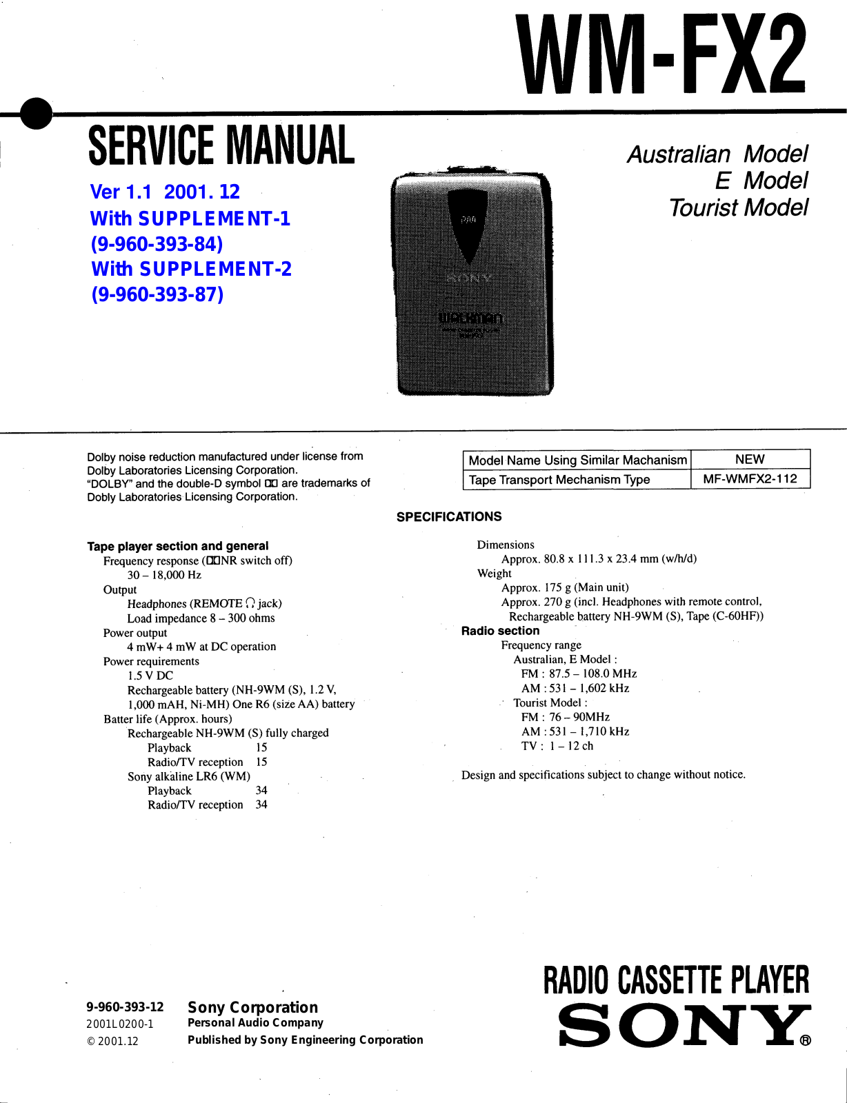 Sony WMFX-2 Service manual