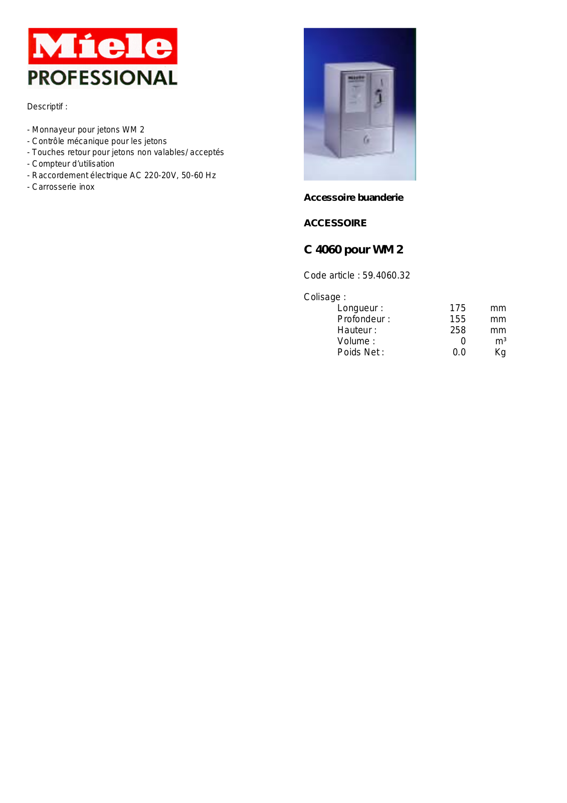 MIELE C 4060 POUR WM9 DESCRIPTIF User Manual