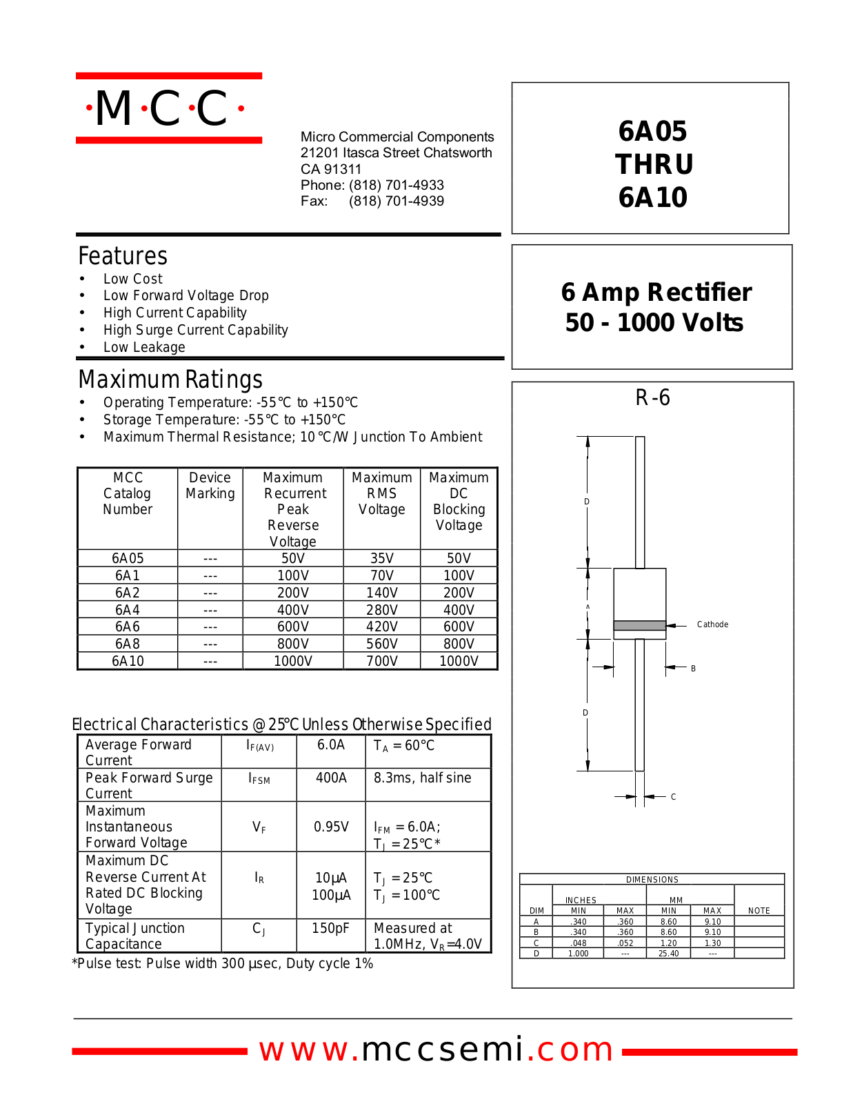 MCC 6A8, 6A6, 6A4, 6A1, 6A10 Datasheet