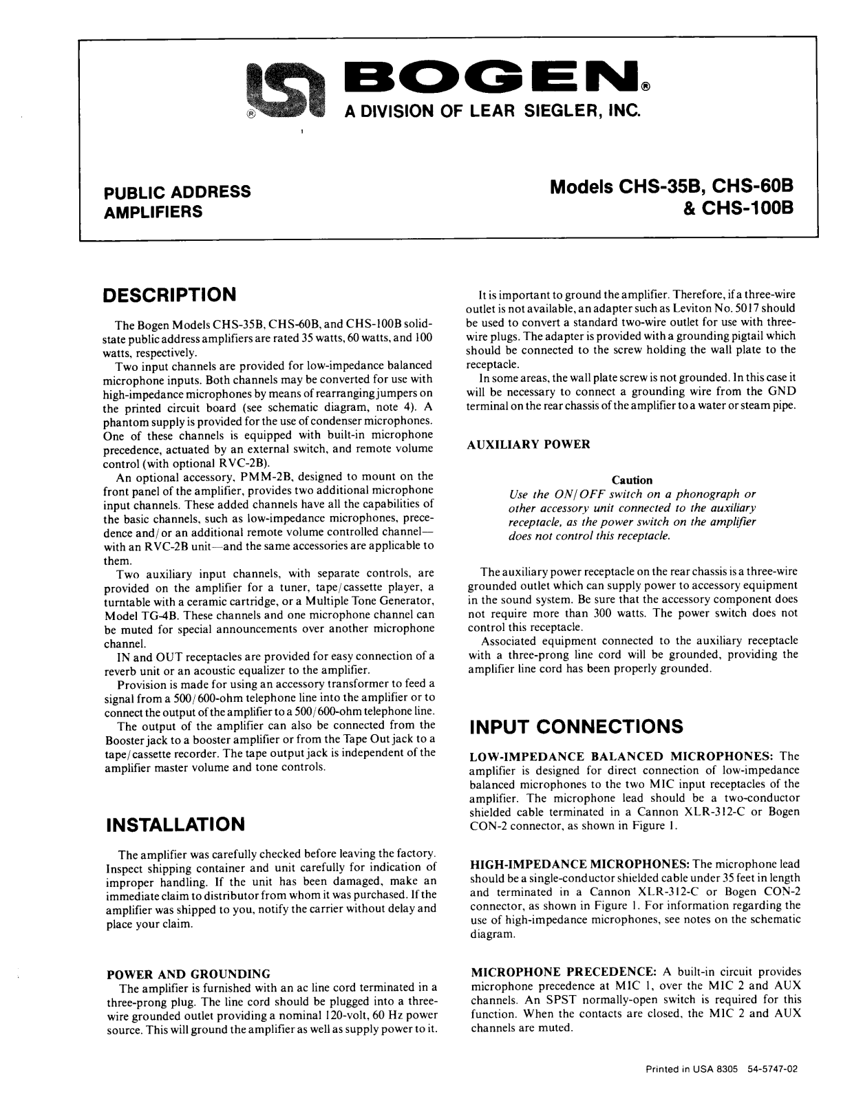 Bogen CHS60B Service Manual