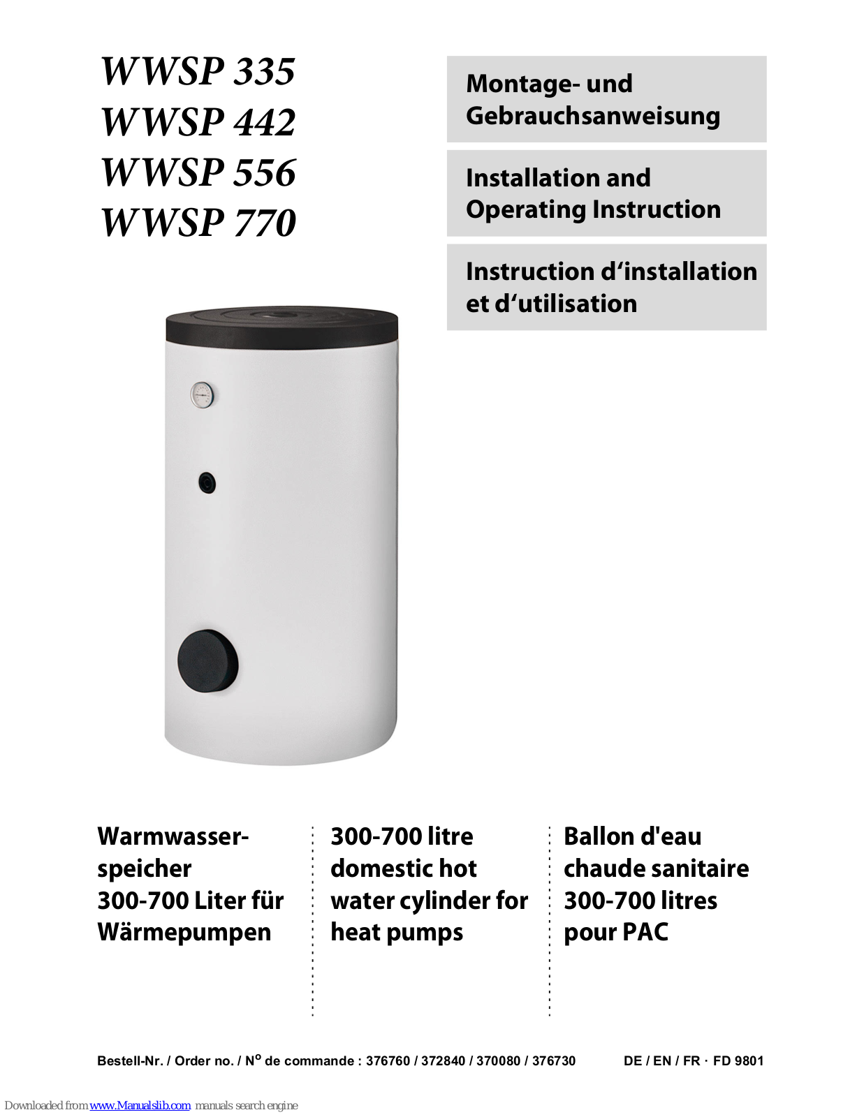 Dimplex WWSP 335, WWSP 770, WWSP 442, WWSP 556 Installation And Operating Instruction Manual