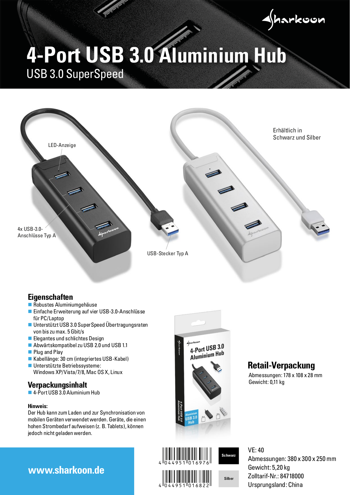 Sharkoon 4-Port USB 3.0 Aluminium Hub User Manual