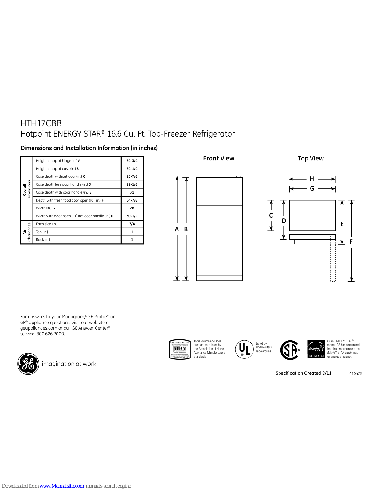 Hotpoint HTH17CBB, HTH17CBBWW, HTH17CBBBB Dimensions And Installation Information