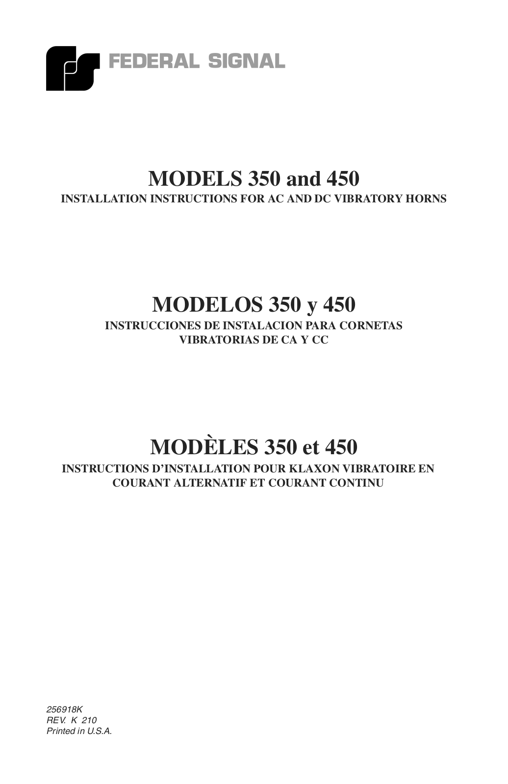 Federal Signal Corporation 350, 450 Installation Instructions Manual