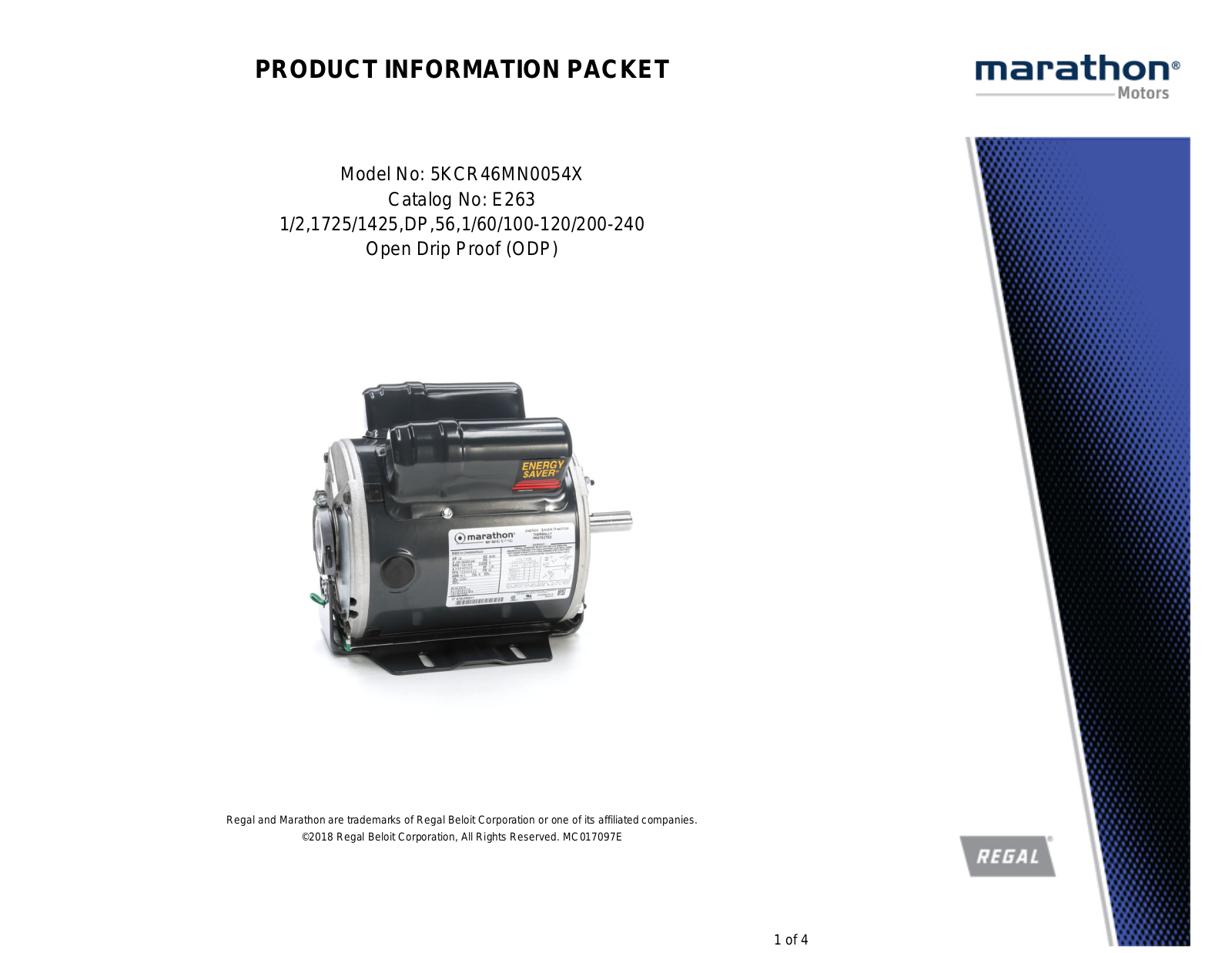 Marathon Electric 5KCR46MN0054X Product Information Packet