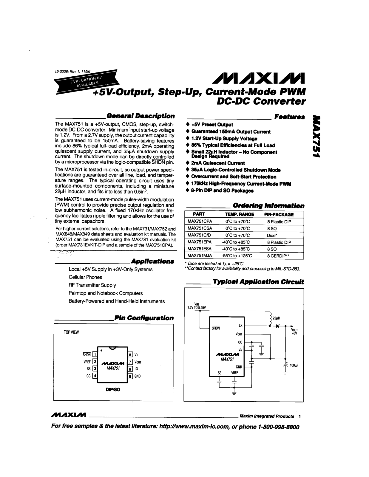 Maxim MAX751EPA, MAX751CSA, MAX751ESA, MAX751C-D Datasheet