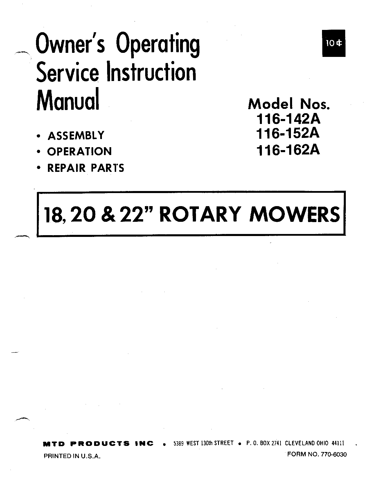 MTD 116-152A, 116-142A, 116-162A User Manual