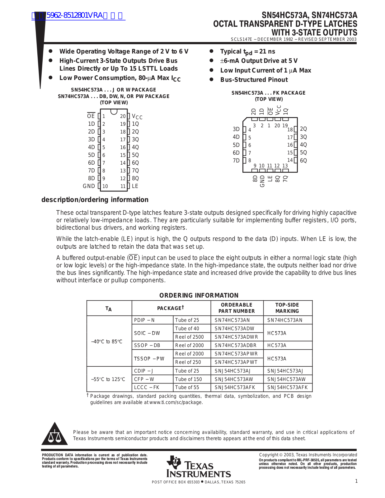 TEXAS INSTRUMENTS SN54HC573A, SN74HC573A Technical data