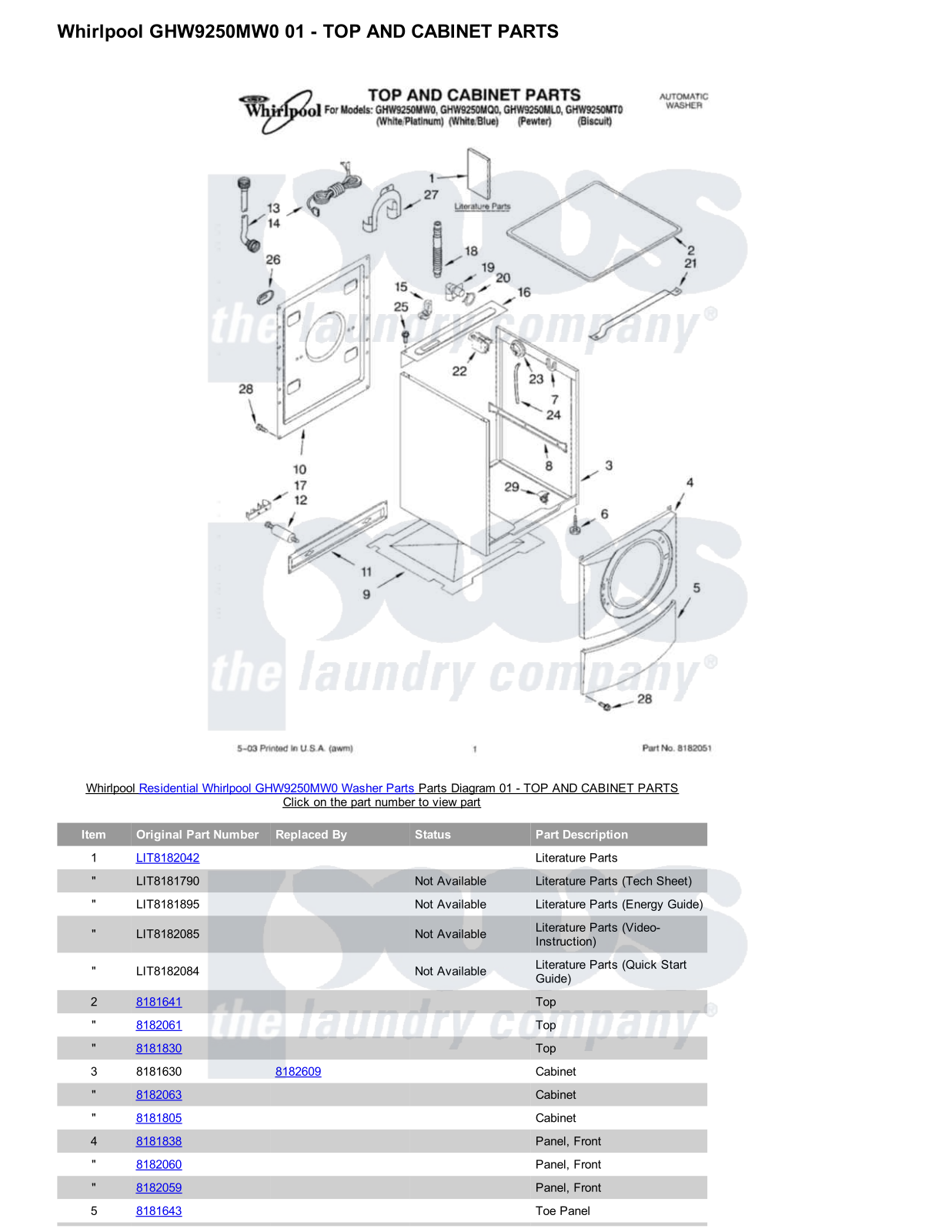 Whirlpool GHW9250MW0 Parts Diagram