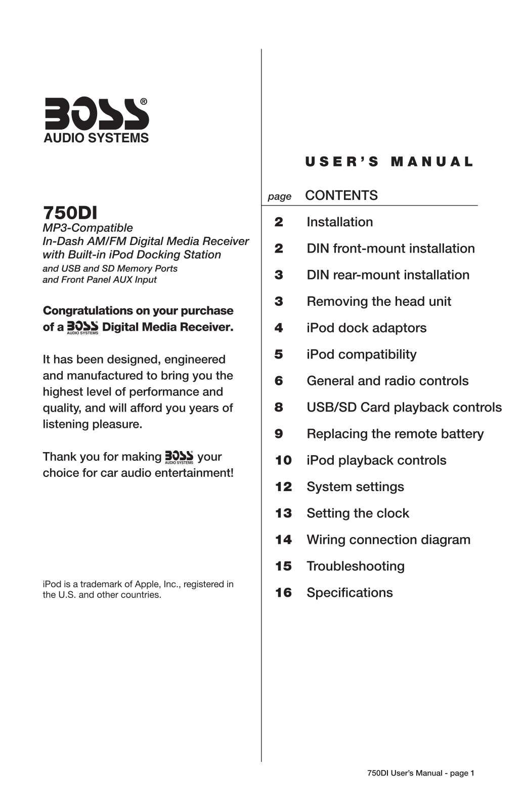 Boss Audio 750DI User Manual